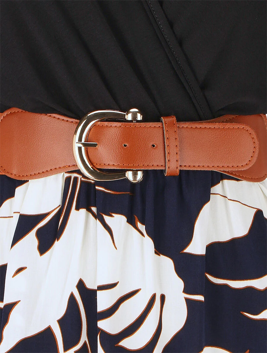 Robe mi-longue sans manches imprimé tropique - Marine - Image 3