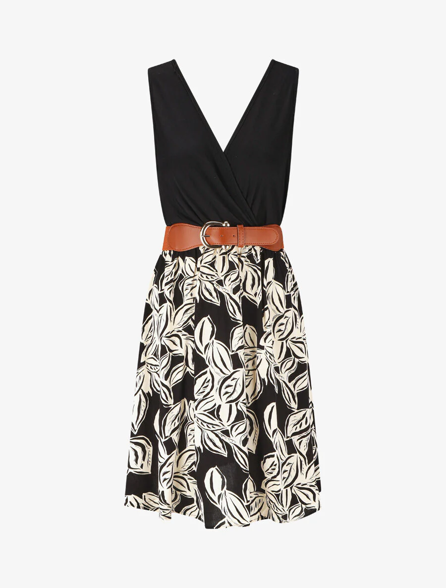 Robe mi-longue sans manches imprimé végétal - Noir