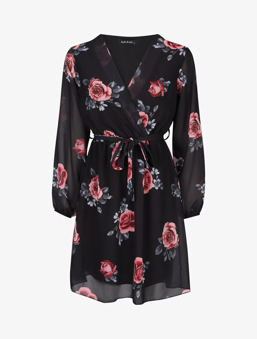Robe mi-longue taille élastiquée imprimé roses - Noir