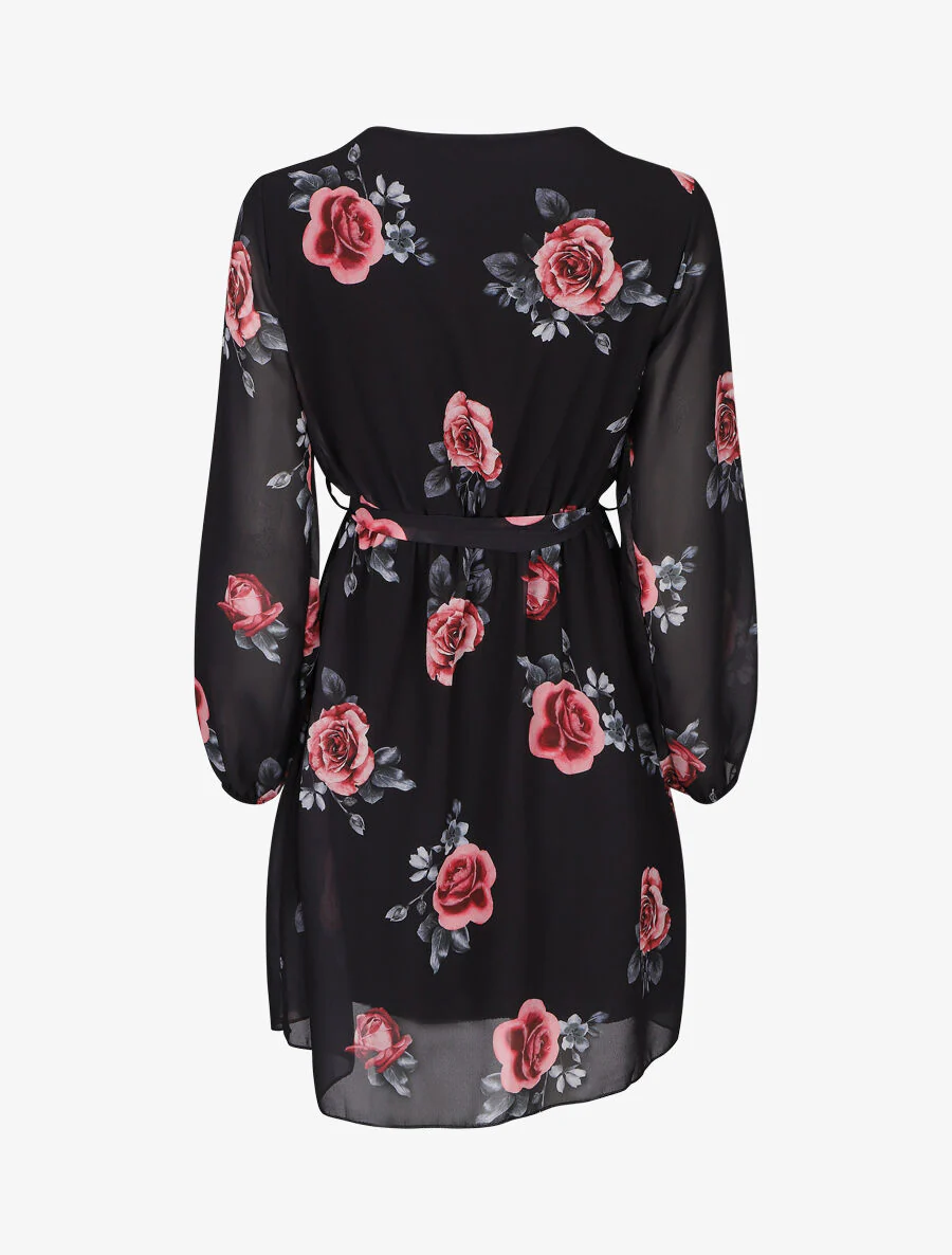 Robe mi-longue taille élastiquée imprimé roses - Noir - Image 2