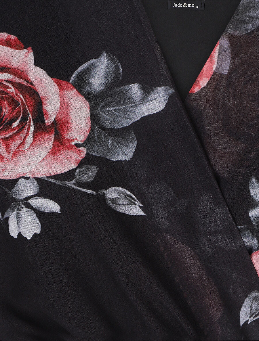 Robe mi-longue taille élastiquée imprimé roses - Noir - Image 3
