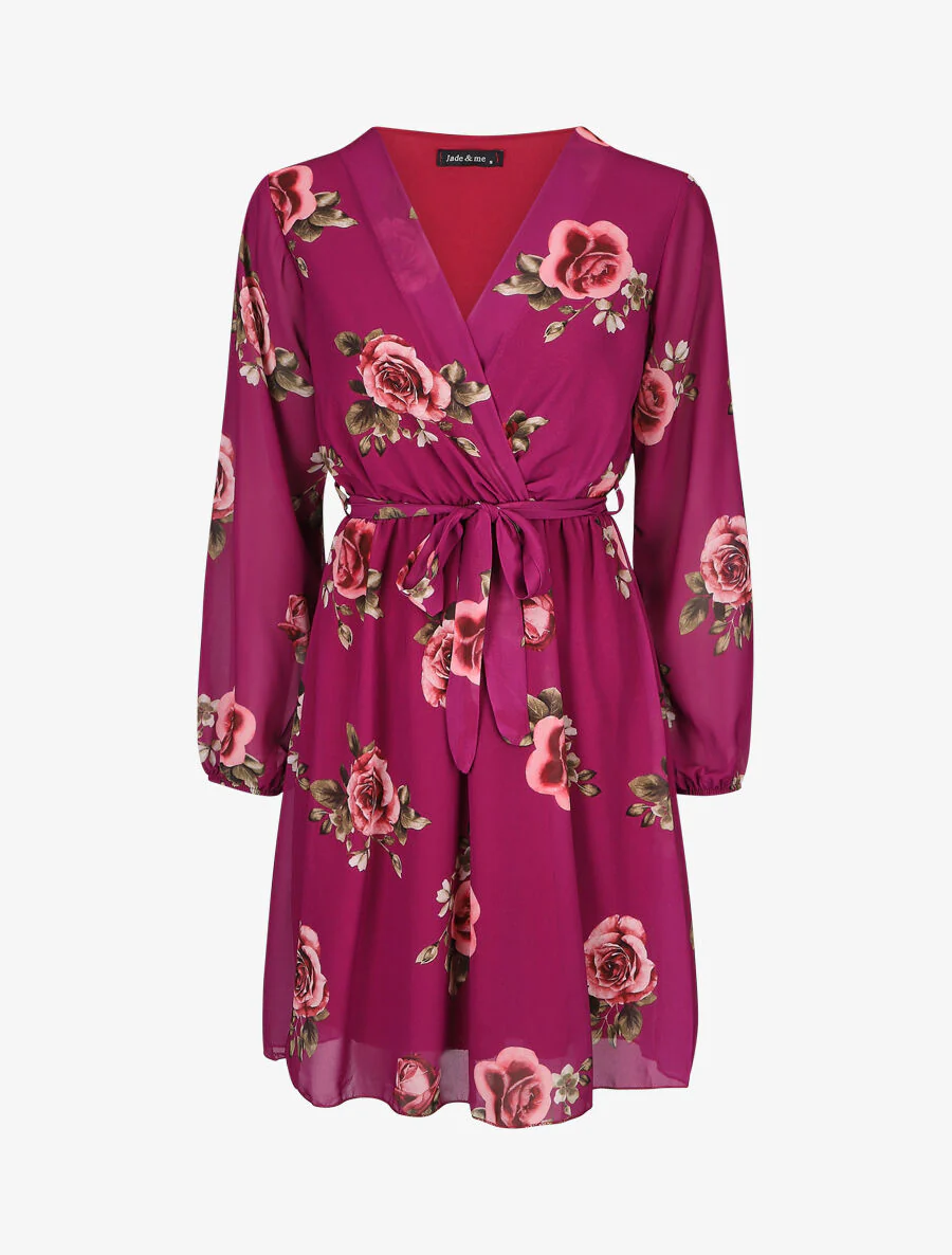 Robe mi-longue taille élastiquée imprimé roses - Mauve