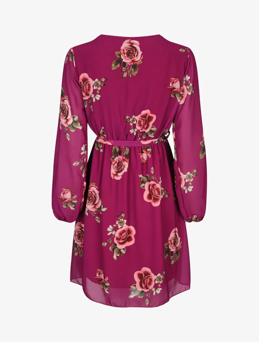 Robe mi-longue taille élastiquée imprimé roses - Mauve - Image 2