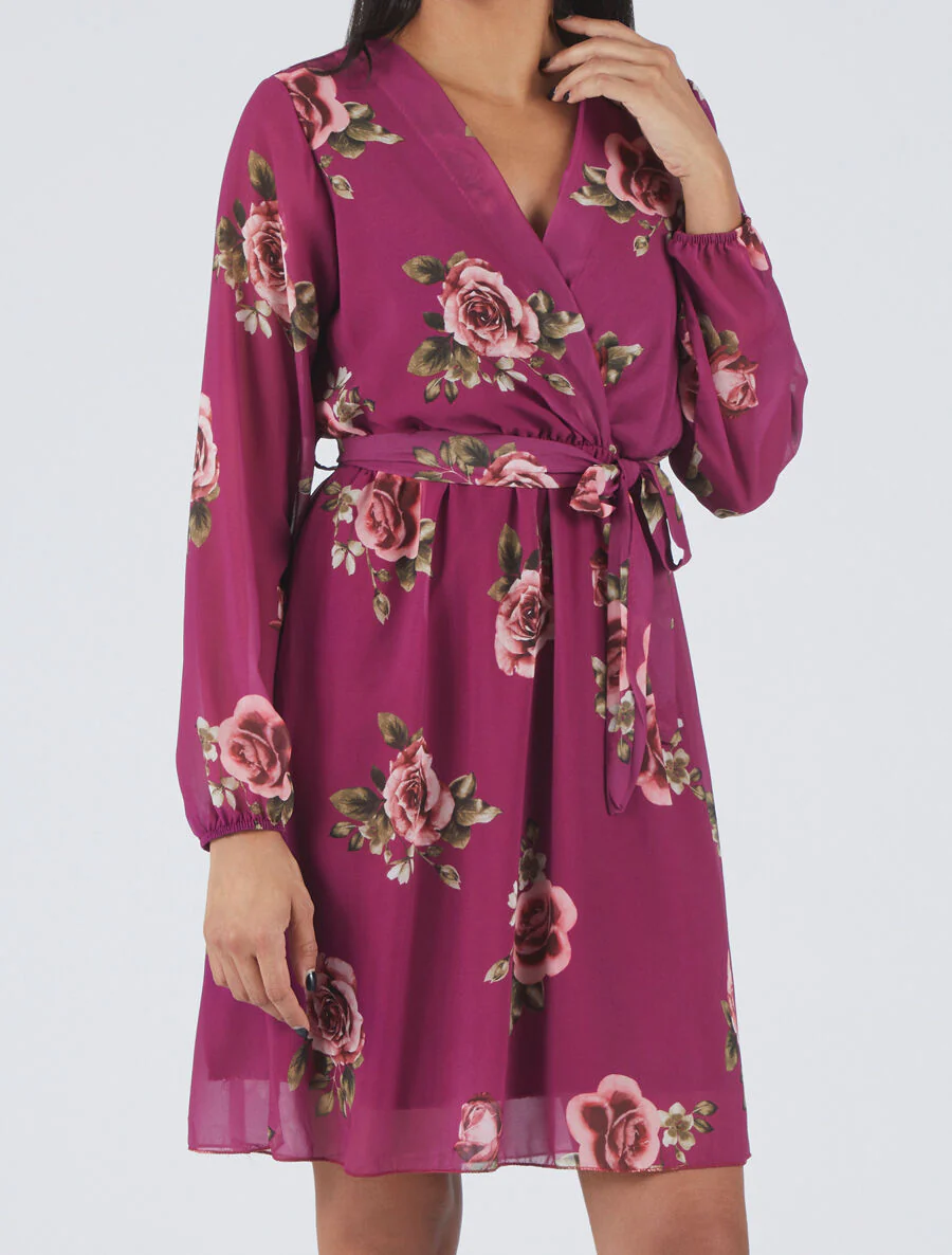 Robe mi-longue taille élastiquée imprimé roses - Mauve - Image 4