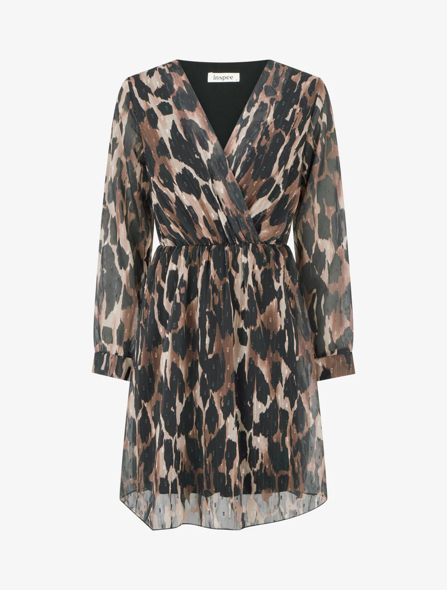 Robe mi-longue texturée imprimé léopard - Noir