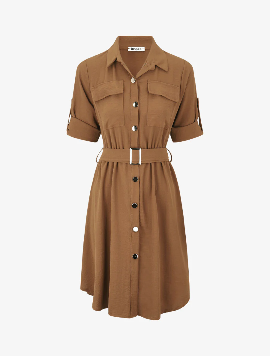 Robe mi-longue unie boutonnée - Camel