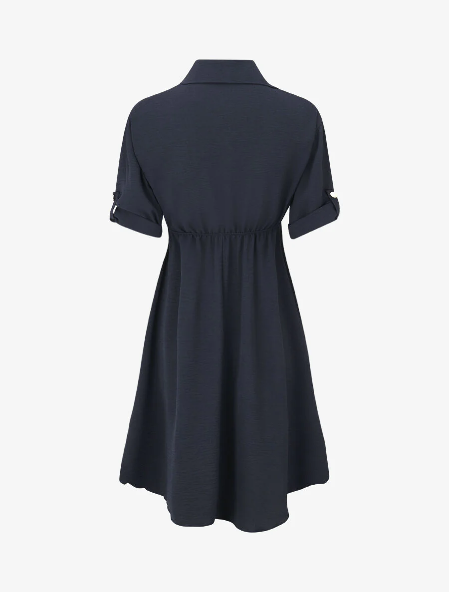 Robe mi-longue unie élastiquée - Marine - Image 2