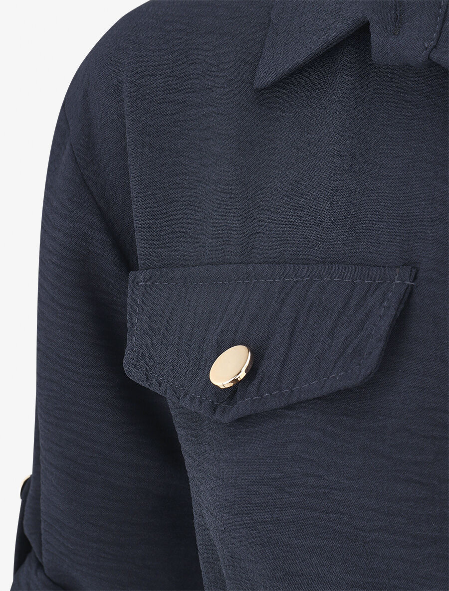 Robe mi-longue unie élastiquée - Marine - Image 3