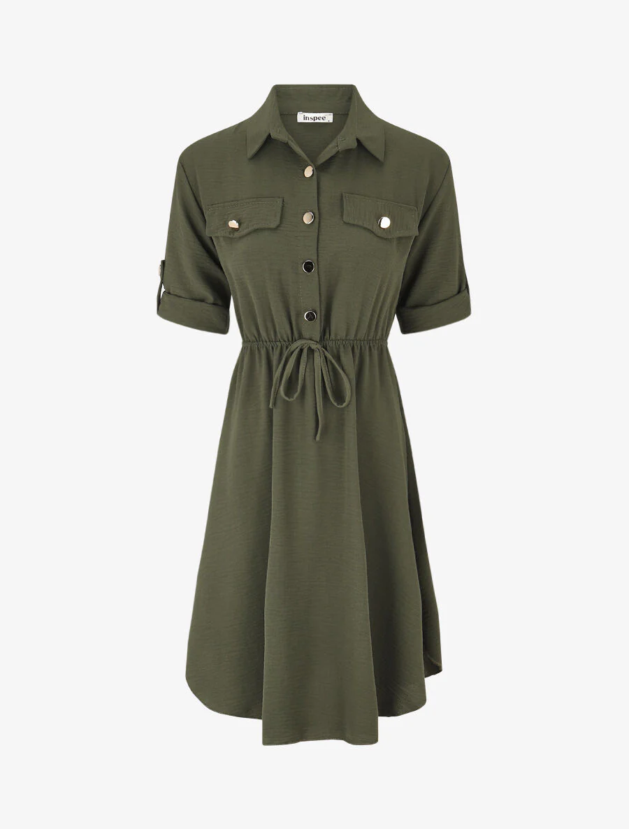 Robe mi-longue unie élastiquée - Kaki