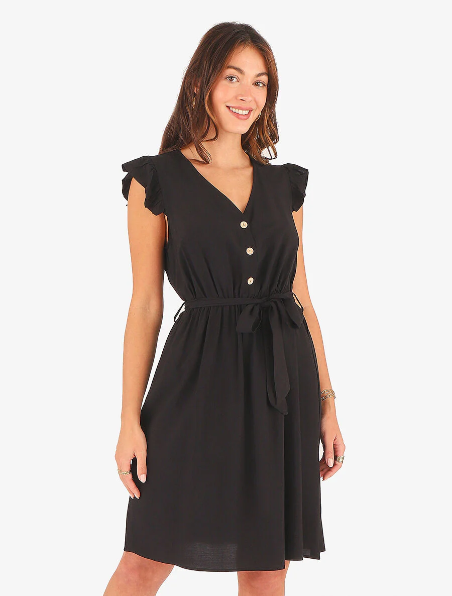 Robe mi-longue unie - Noir - Image 4