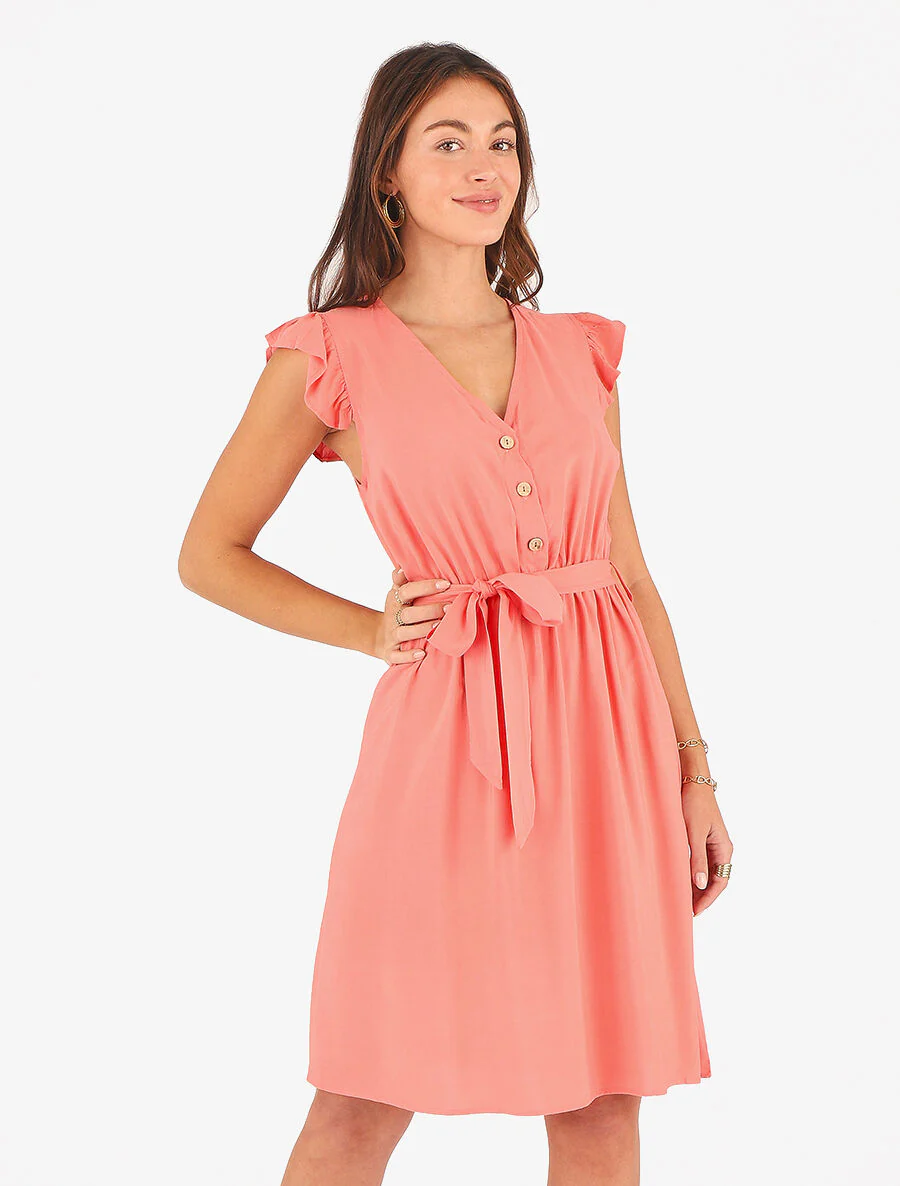 Robe mi-longue unie - Corail - Image 4