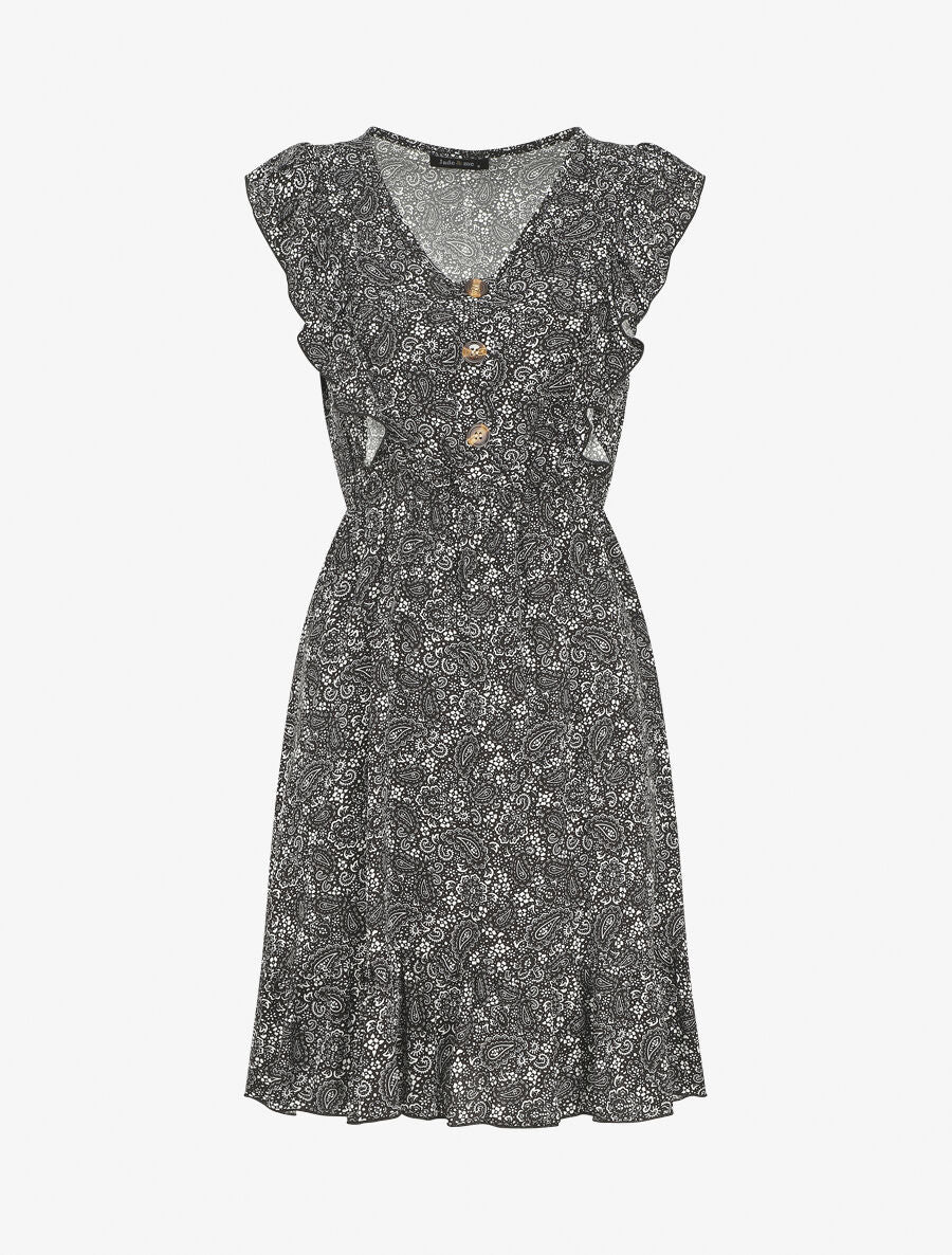 Robe mi-longue volantées imprimé cachemire - Noir