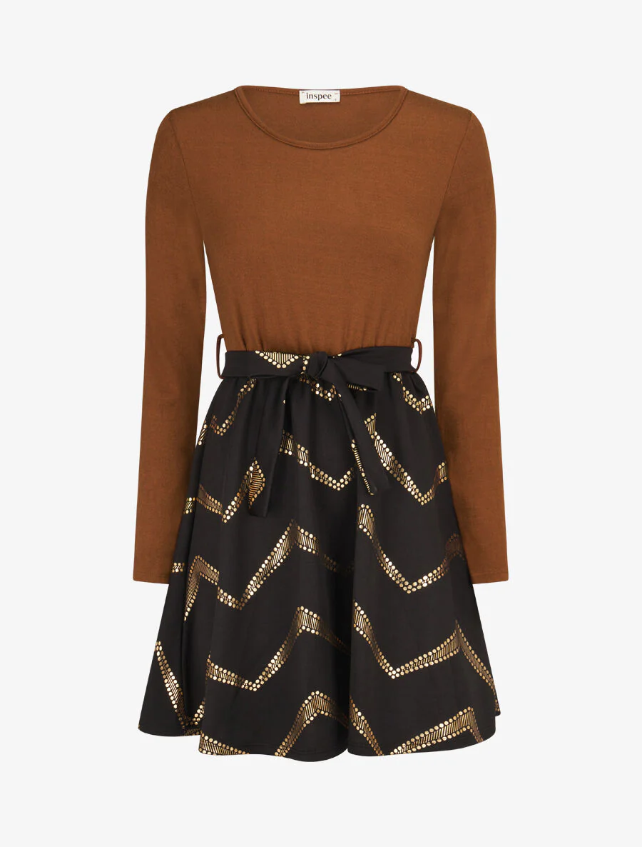 Robe patineuse à imprimés dorés - Camel