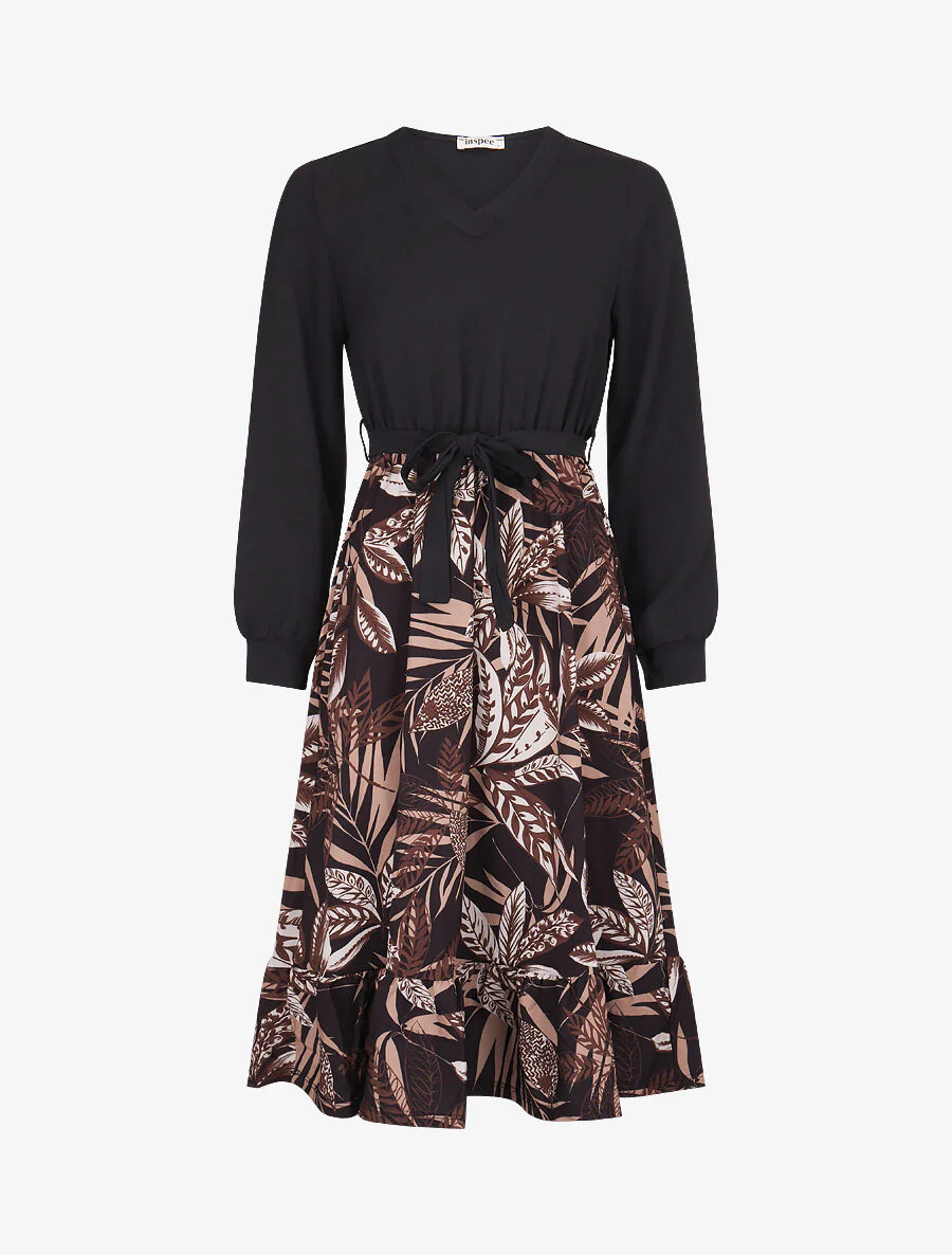 Robe patineuse à jupe imprimé tropical - Noir