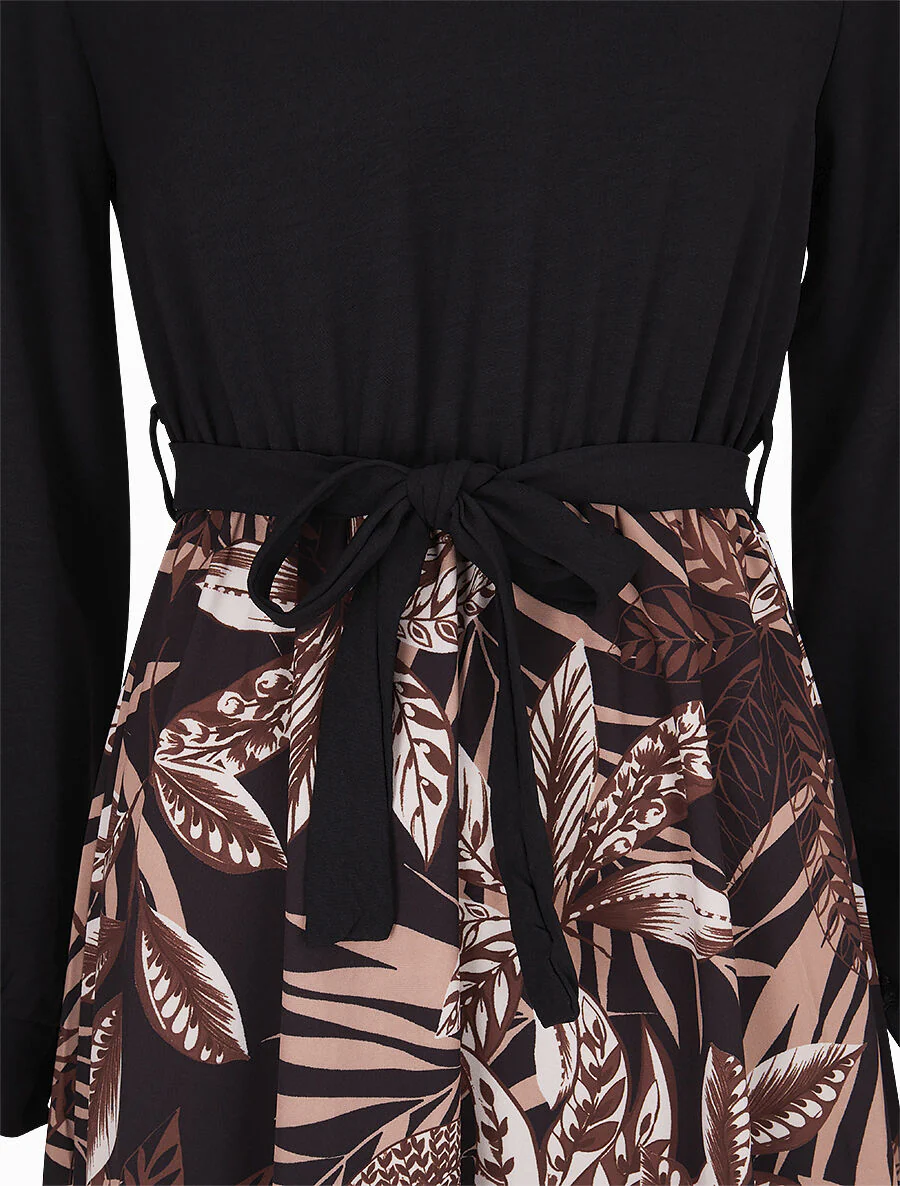 Robe patineuse à jupe imprimé tropical - Noir - Image 3