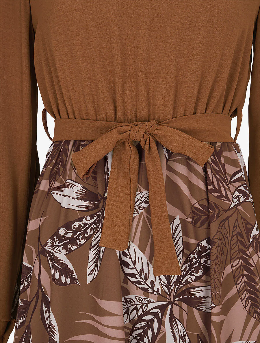 Robe patineuse à jupe imprimé tropical - Camel - Image 3