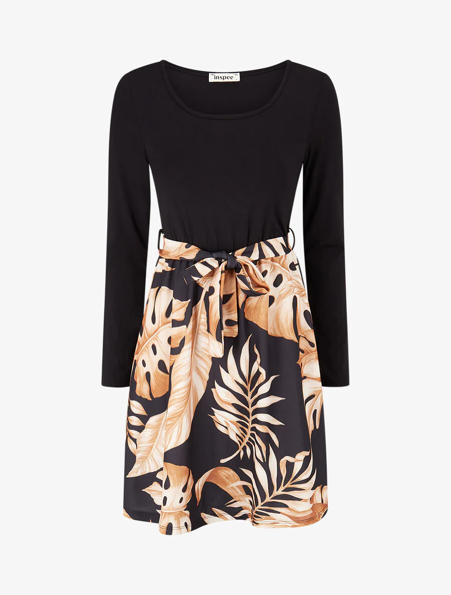 Robe patineuse à jupe imprimé tropical - Noir