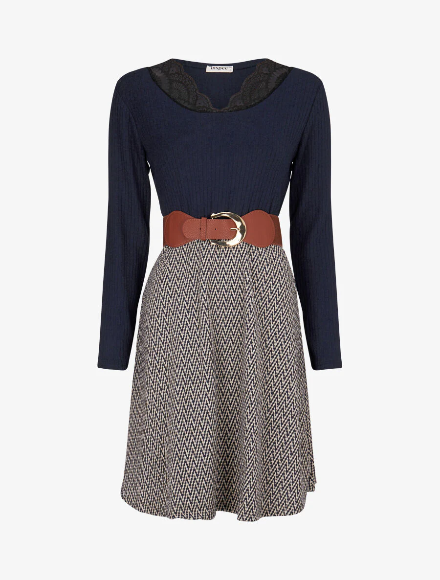 Robe patineuse à jupe irisée et imprimé zig-zag - Marine