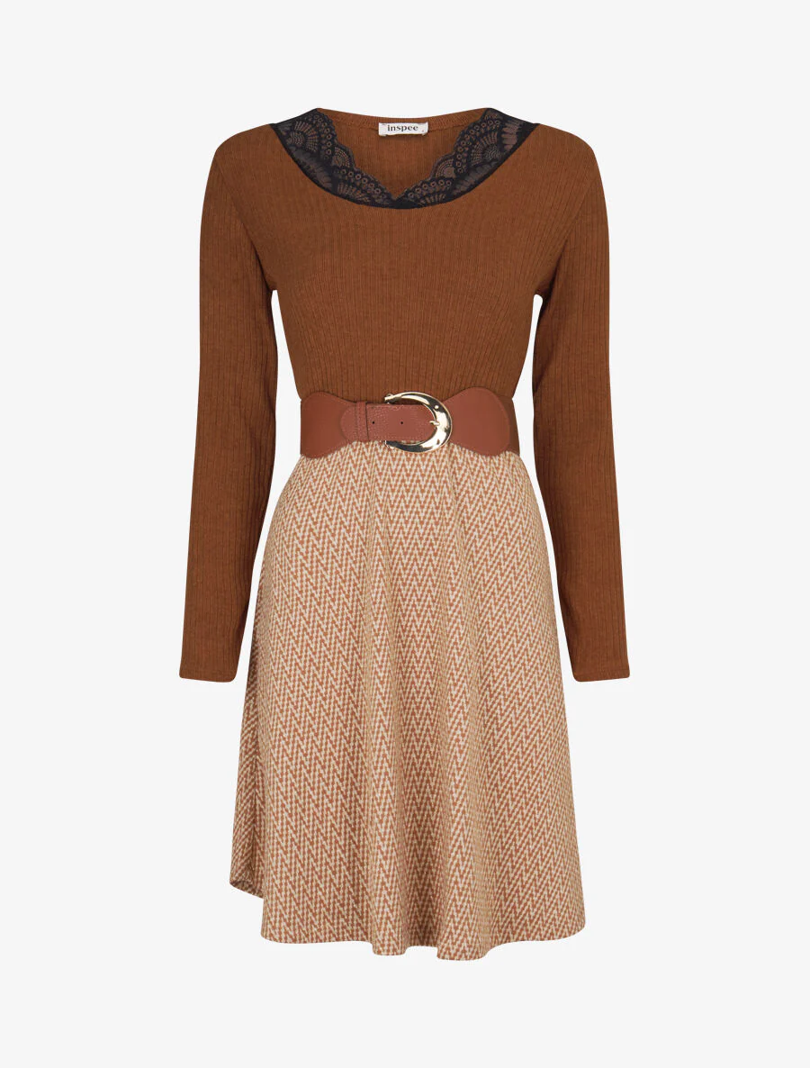 Robe patineuse à jupe irisée et imprimé zig-zag - Camel