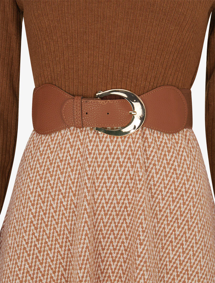 Robe patineuse à jupe irisée et imprimé zig-zag - Camel - Image 3