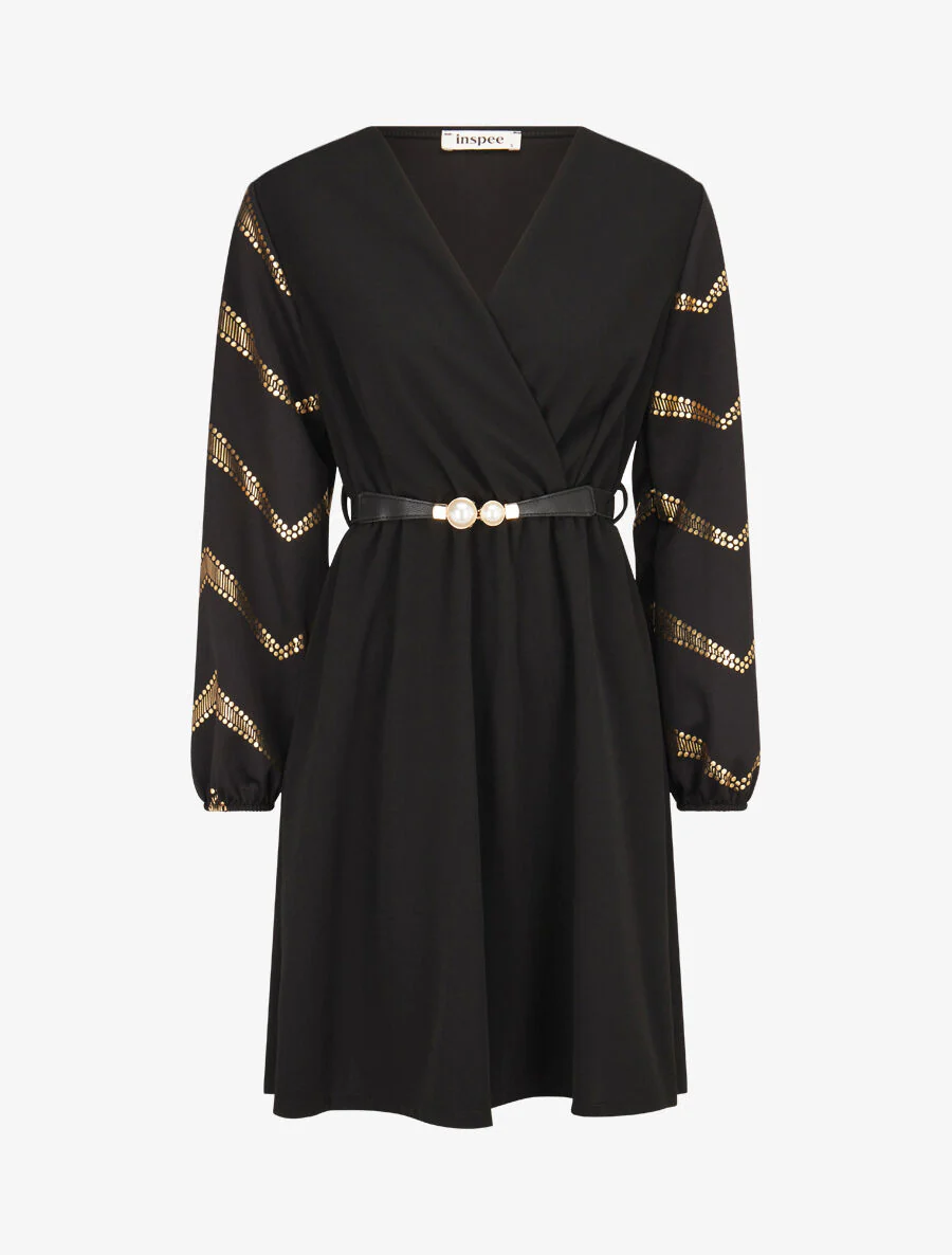 Robe patineuse à manches à imprimés dorés - Noir