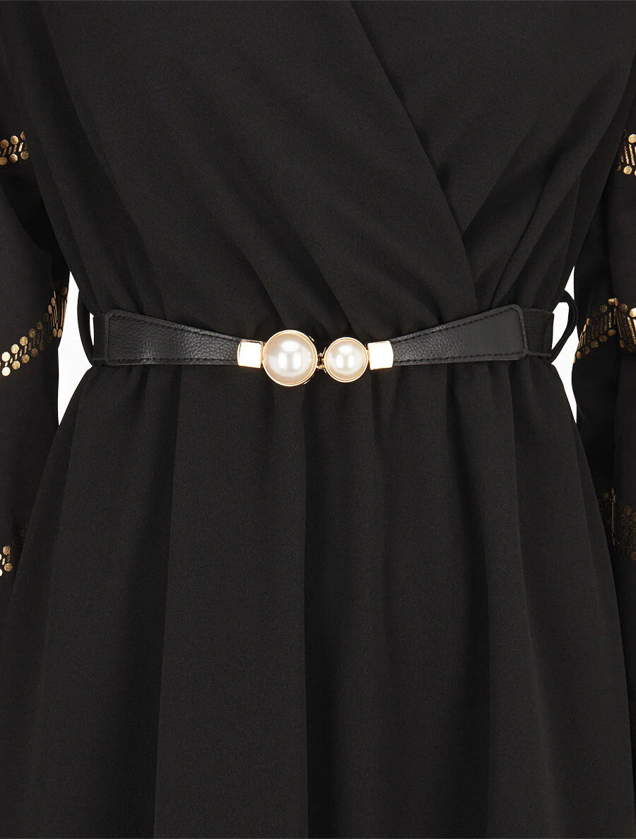 Robe patineuse à manches à imprimés dorés - Noir - Image 3