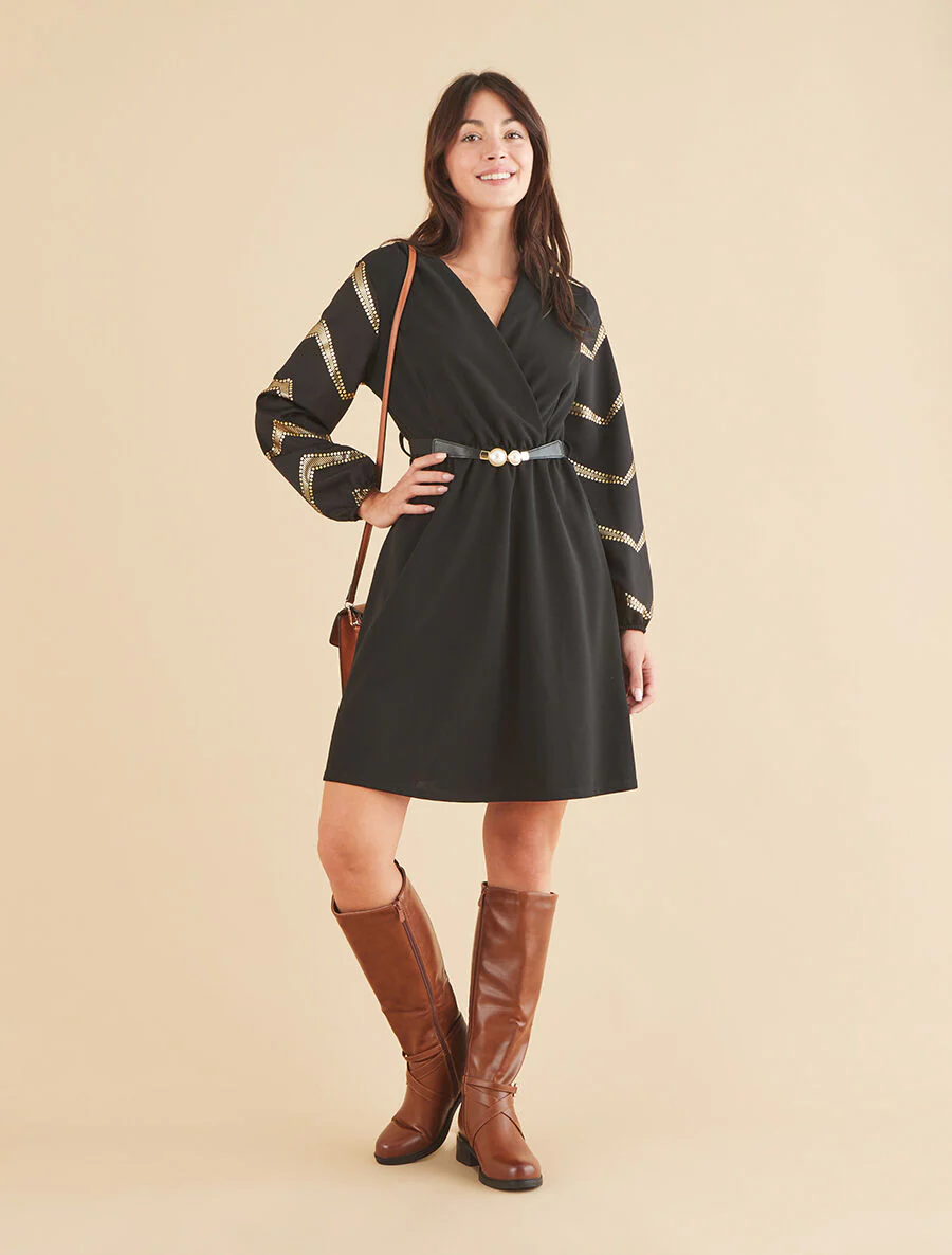 Robe patineuse à manches à imprimés dorés - Noir - Image 4