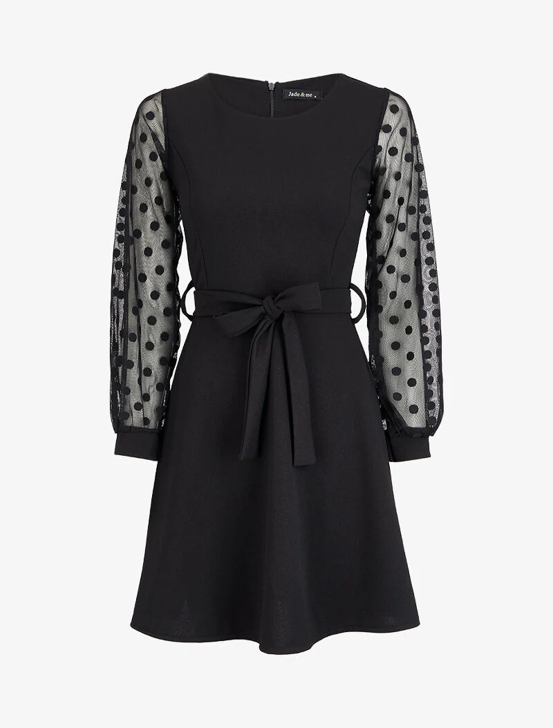 Robe patineuse à manches en voile à pois - Noir - Image 2