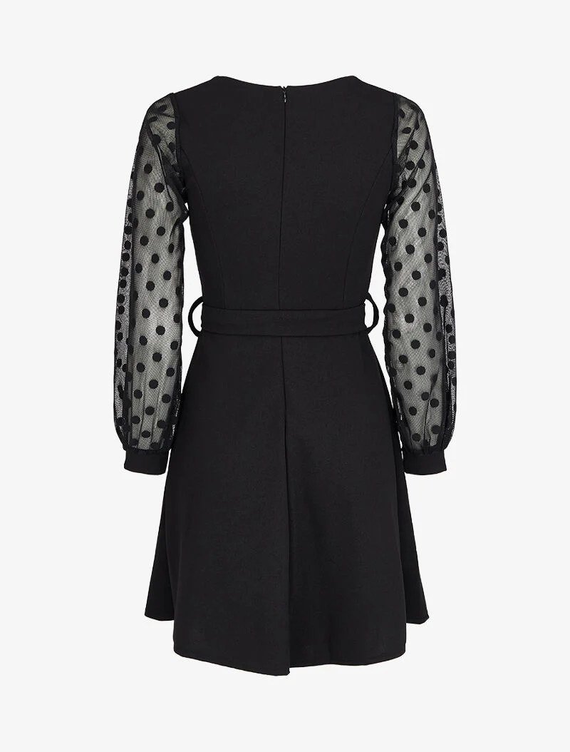 Robe patineuse à manches en voile à pois - Noir - Image 3