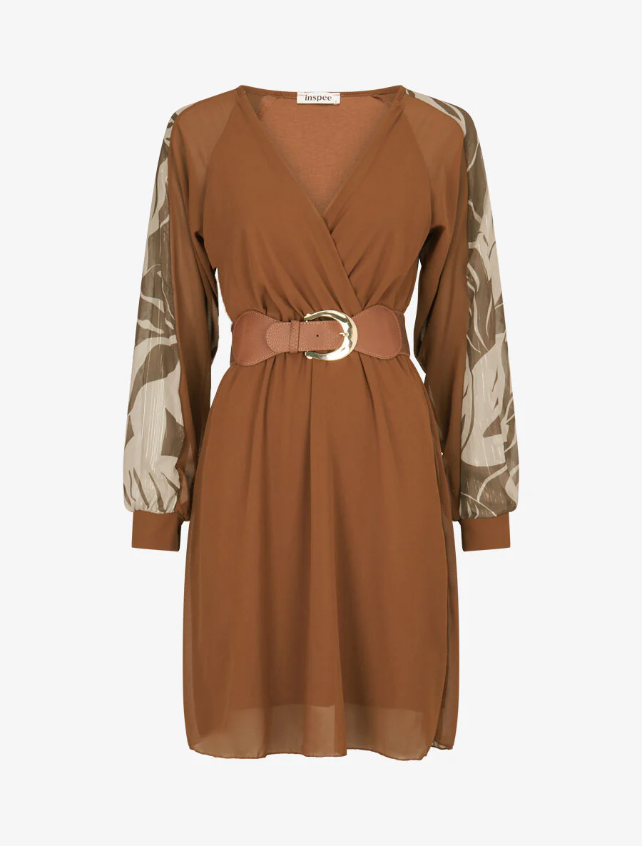 Robe patineuse à manches imprimées - Camel