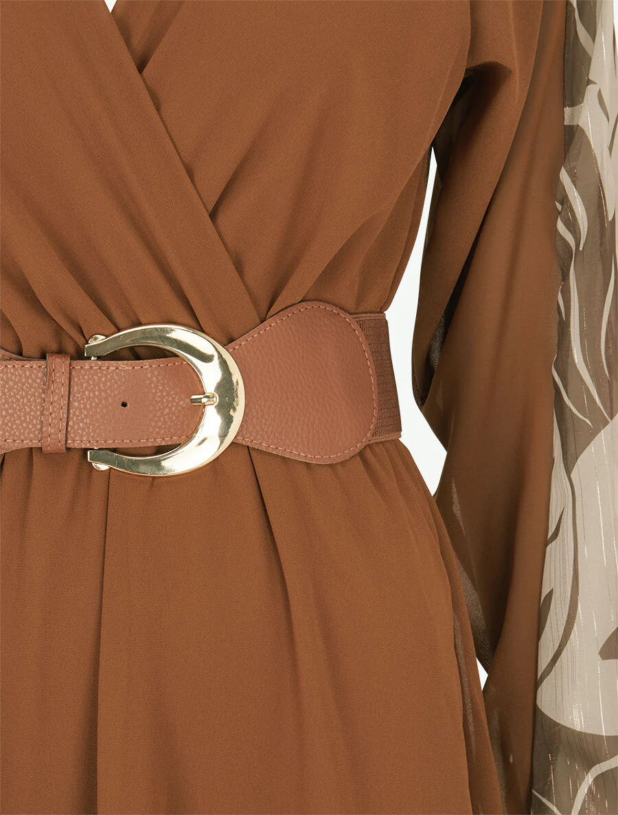 Robe patineuse à manches imprimées - Camel - Image 3