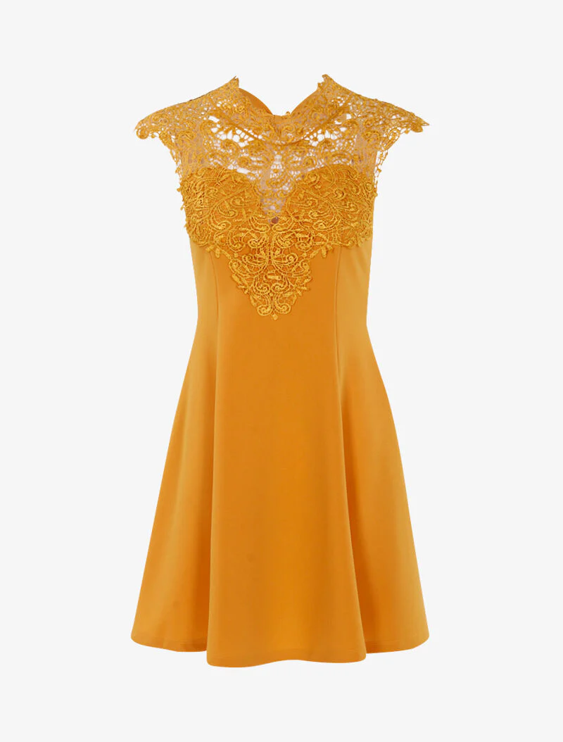 Robe patineuse à plastron dentelle - jaune