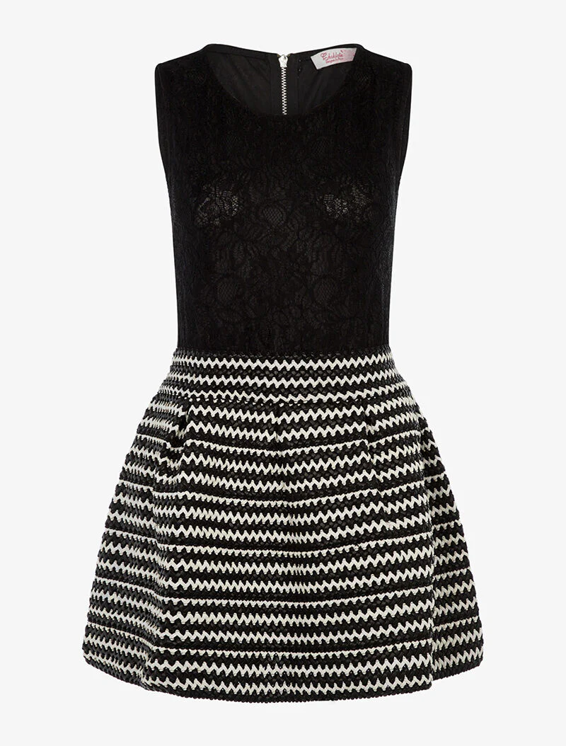 Robe patineuse bimatière bas tressé - noir/blanc