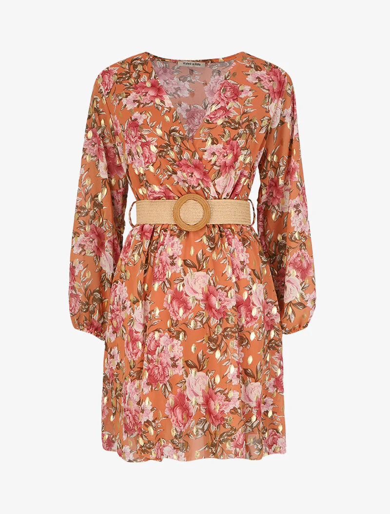 Robe patineuse cache-cœur à imprimé roses - Orange