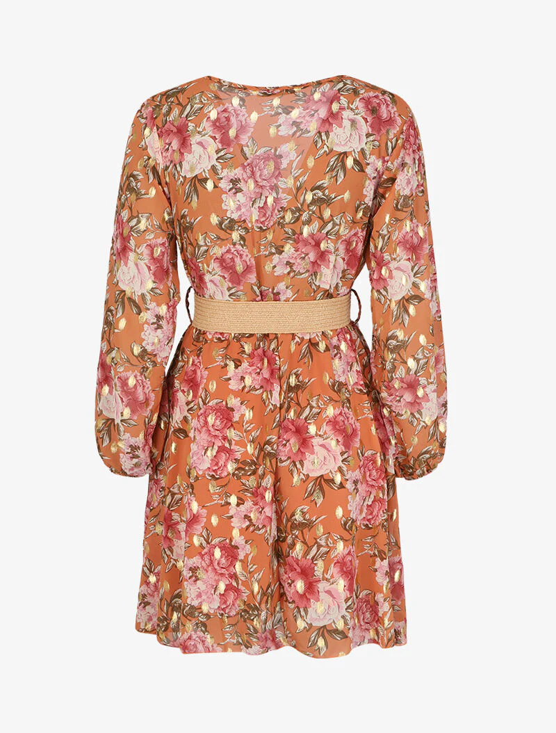Robe patineuse cache-cœur à imprimé roses - Orange - Image 2