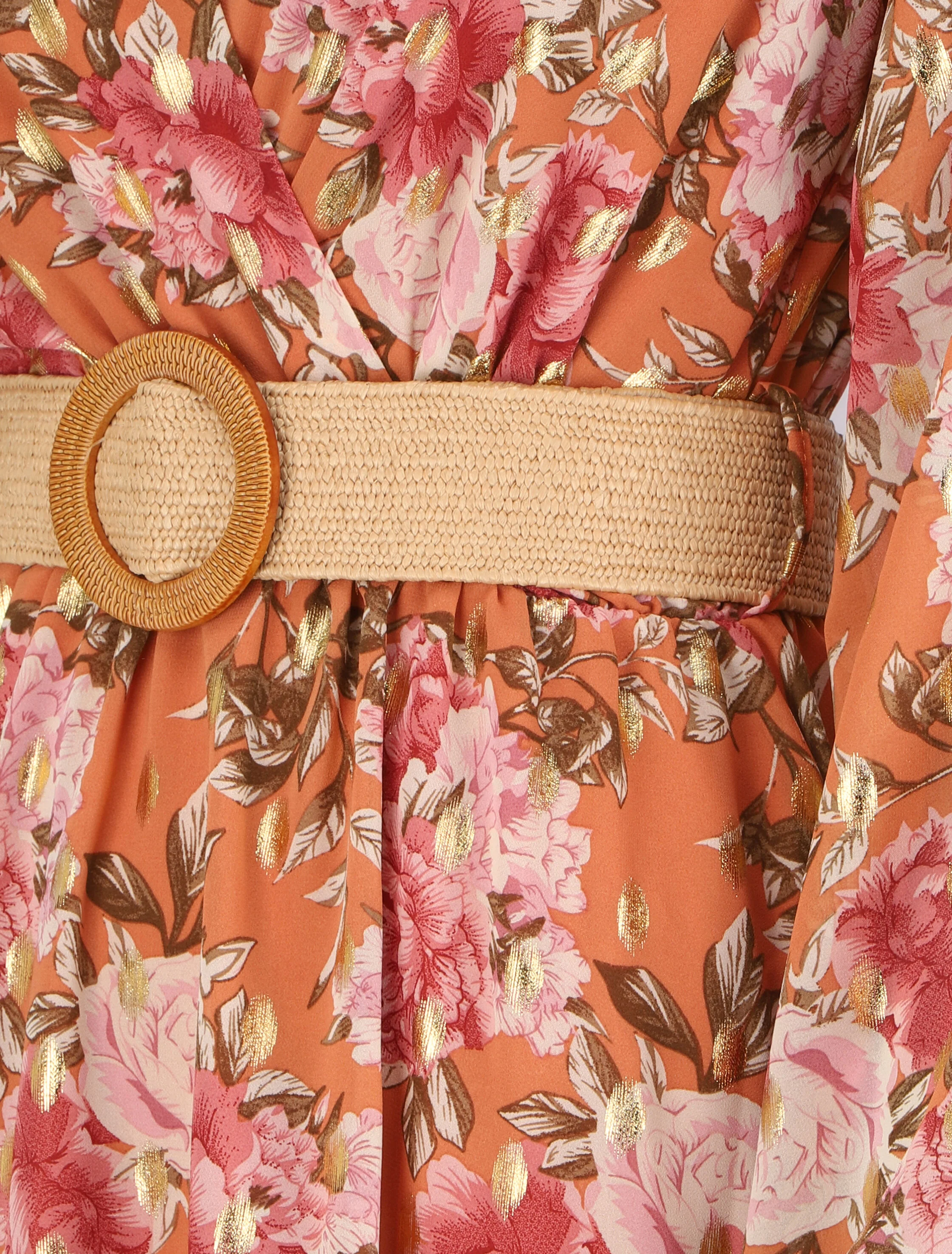 Robe patineuse cache-cœur à imprimé roses - Orange - Image 3