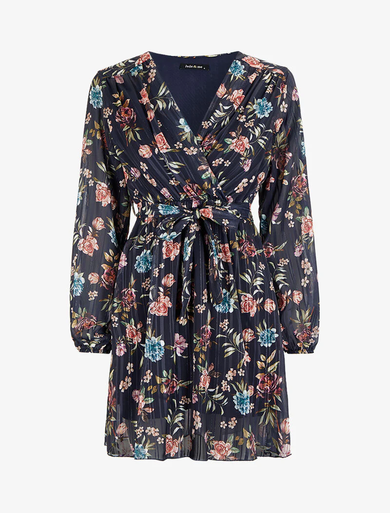 Robe patineuse cache-coeur à motif roses - Bleu marine