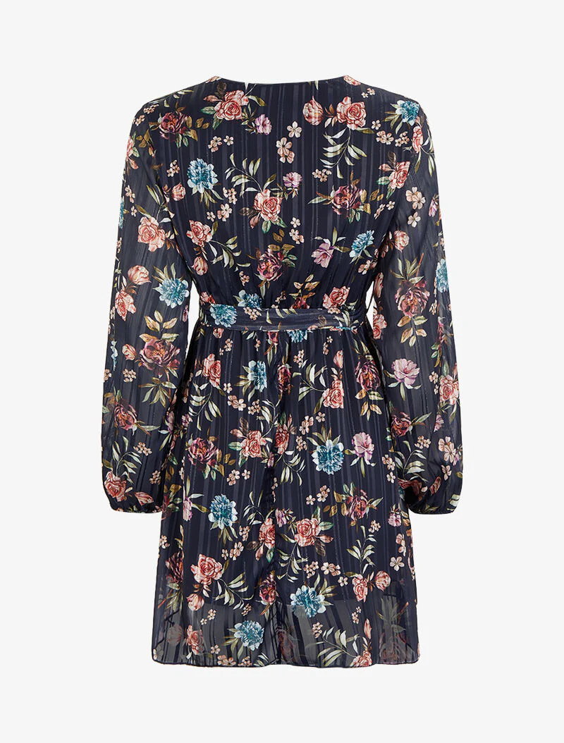 Robe patineuse cache-coeur à motif roses - Bleu marine - Image 2