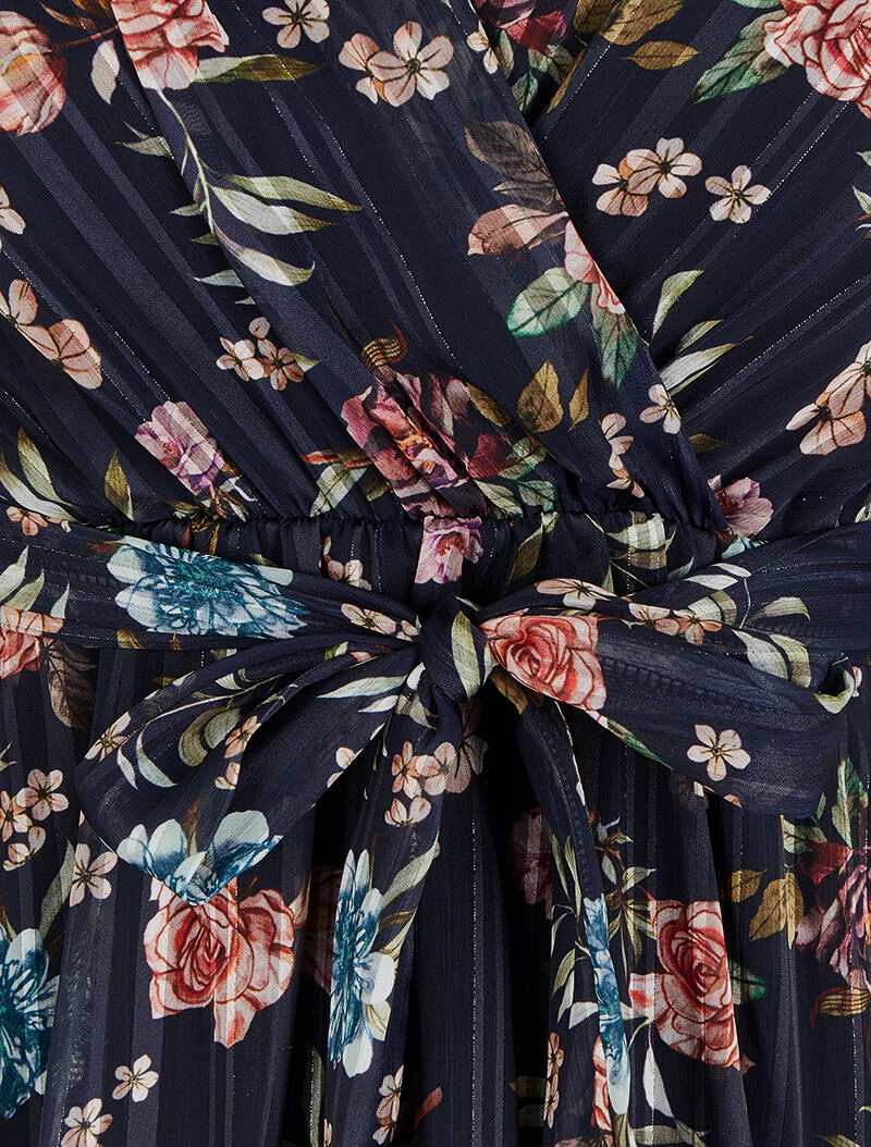 Robe patineuse cache-coeur à motif roses - Bleu marine - Image 3
