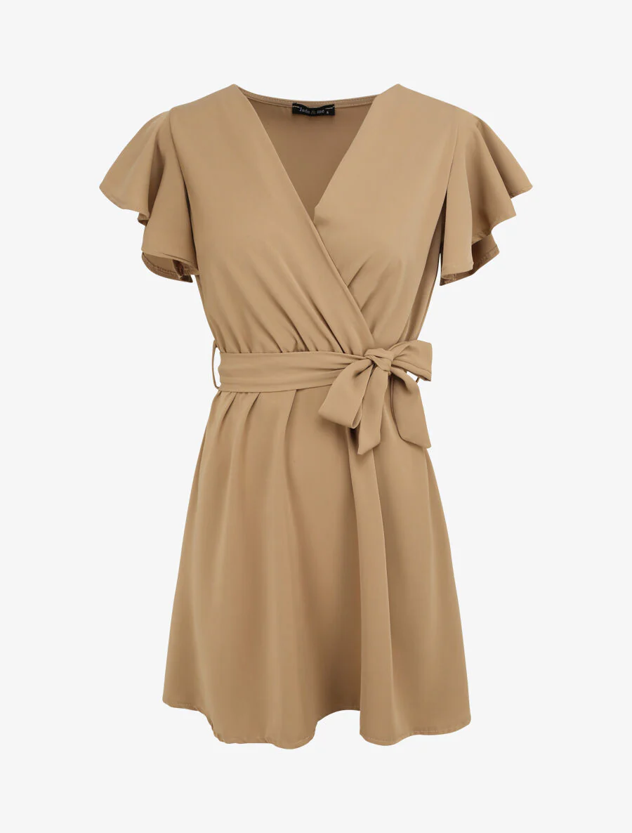 Robe patineuse courte à manches courtes volantées - Beige