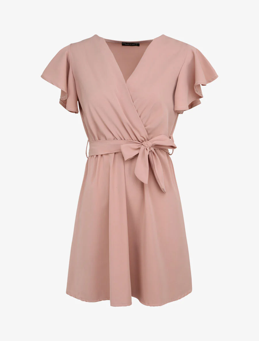 Robe patineuse courte à manches courtes volantées - Rose poudré