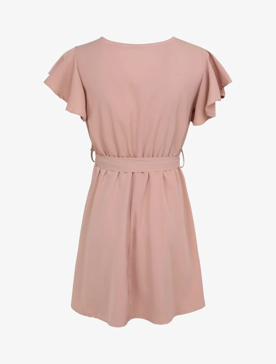 Robe patineuse courte à manches courtes volantées - Rose poudré - Image 2