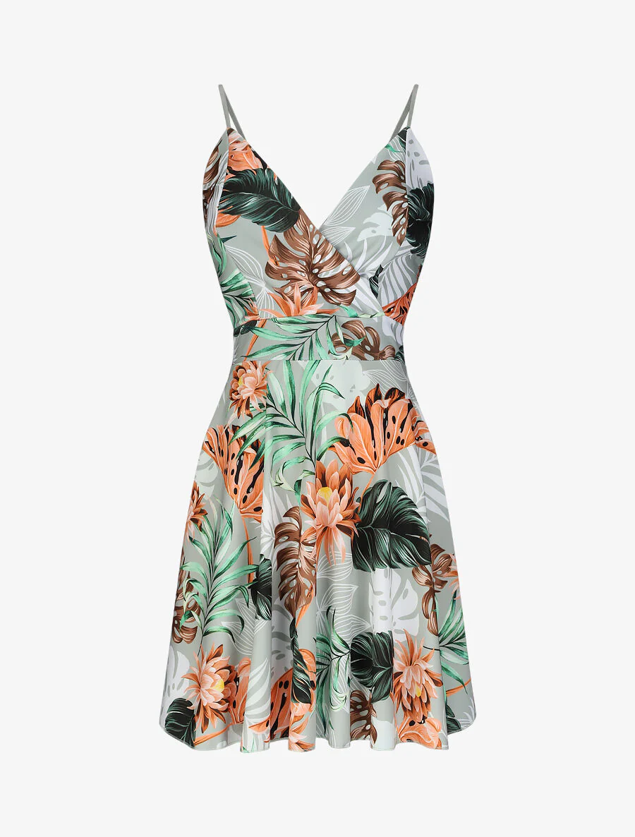 Robe patineuse courte imprimé tropical - Vert olive