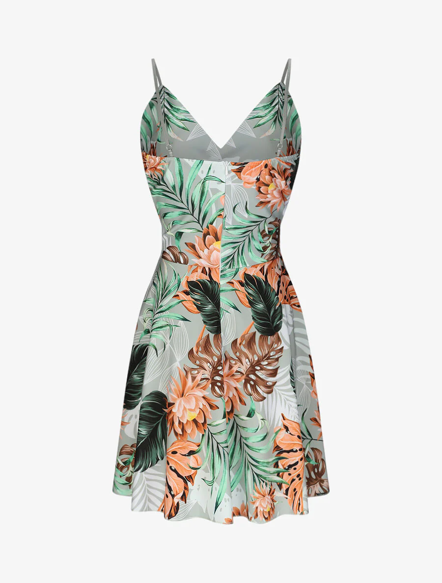 Robe patineuse courte imprimé tropical - Vert olive - Image 2
