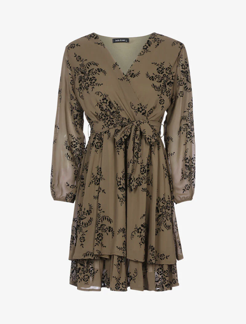 Robe patineuse effet velours et fleurs graphiques - taupe foncé - taupe