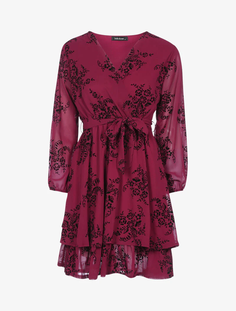 Robe patineuse effet velours et fleurs graphiques - bordeaux