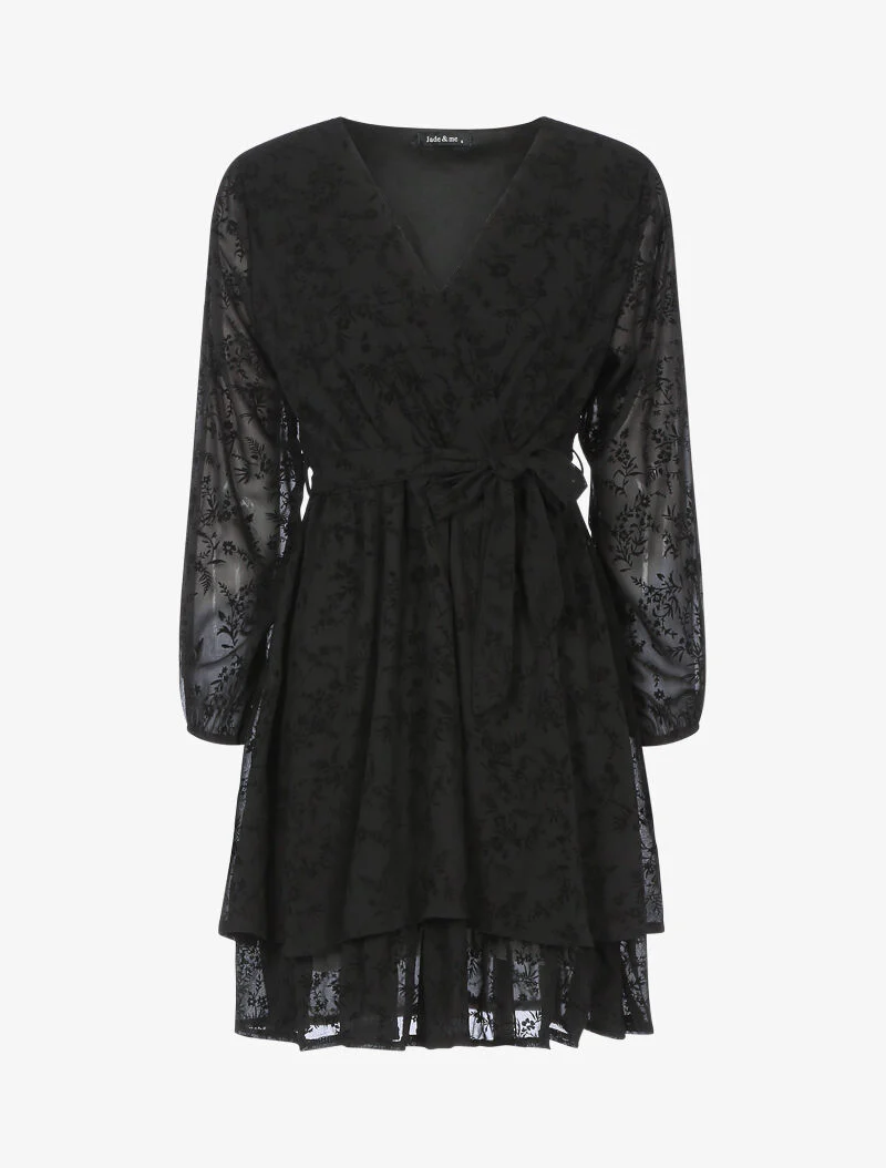 Robe patineuse effet velours fleurie - noir