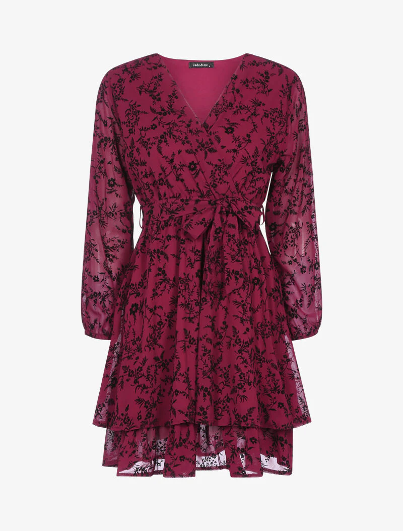 Robe patineuse effet velours fleurie - bordeaux