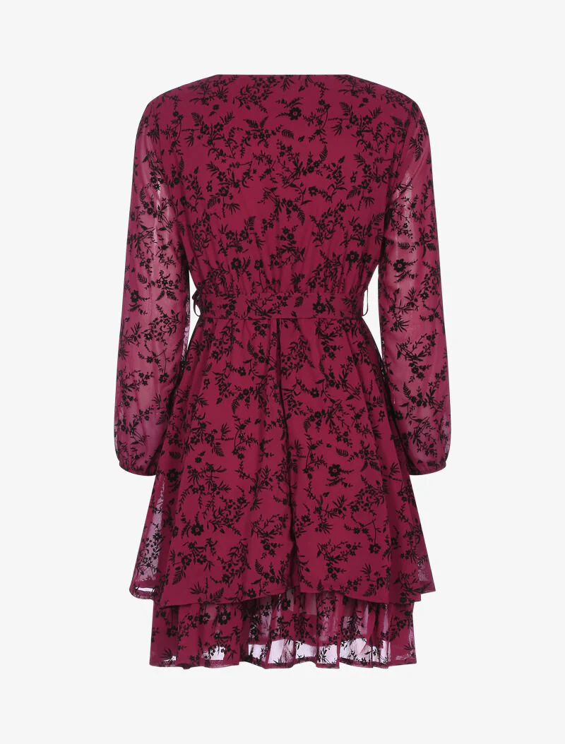 Robe patineuse effet velours fleurie - bordeaux - Image 2