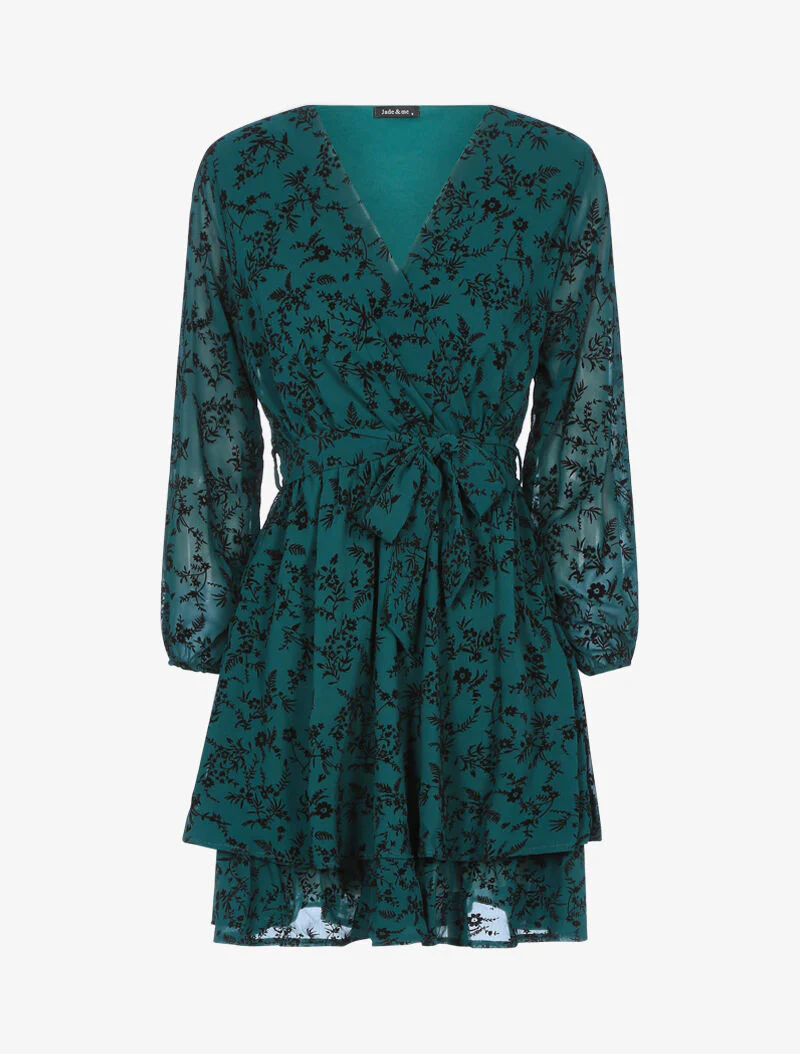 Robe patineuse effet velours fleurie - vert foncé